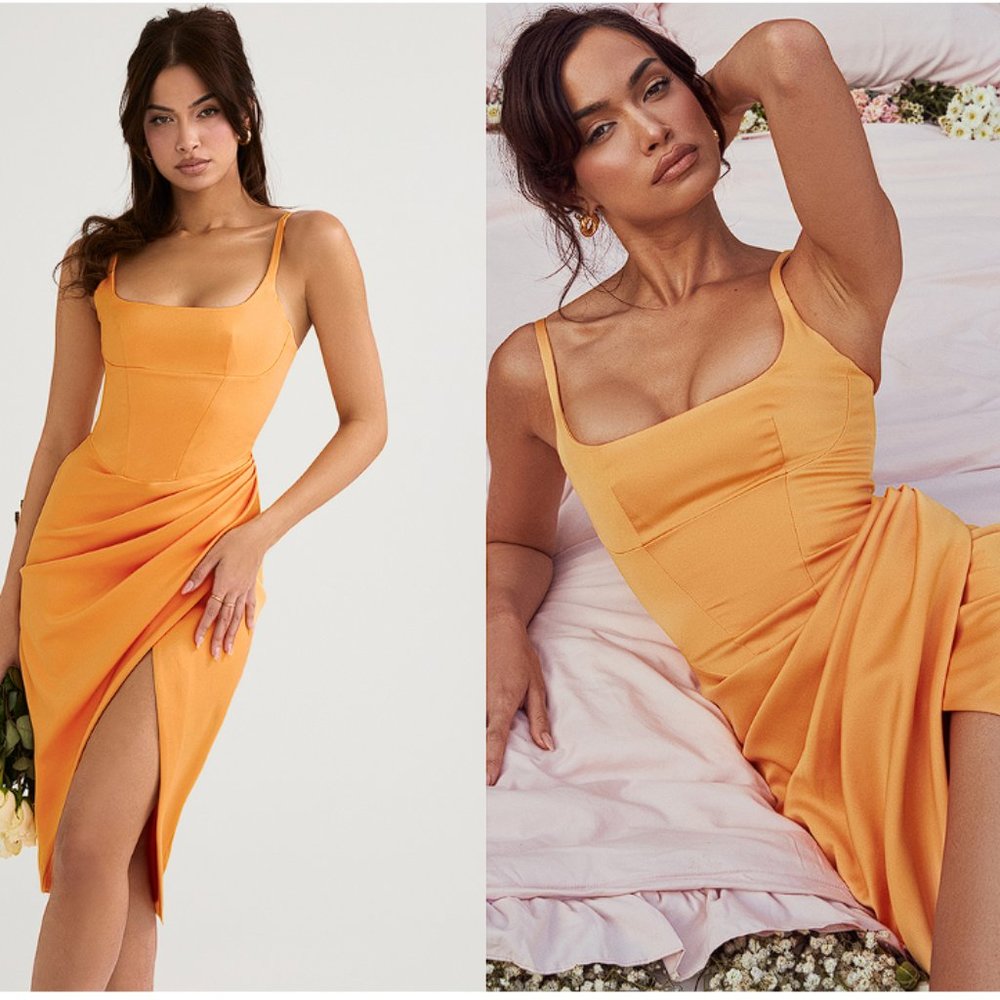 House of CB ‘Bianca’ Tangerine Satin Pleated Corset Midi Dress NWOT - Picture 5 of 12